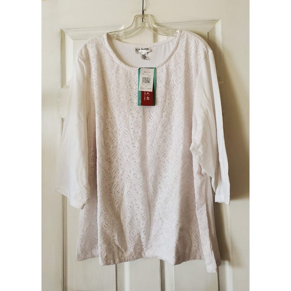 CATHY DANIELS WOMAN WHITE LINED EYELET LACE STRETCH SHIRT BLOUSE TOP SIZE 3X NWT
